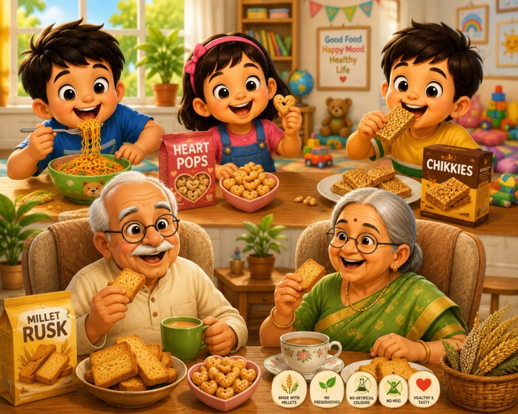 Family enjoying Dhaniyam snacks