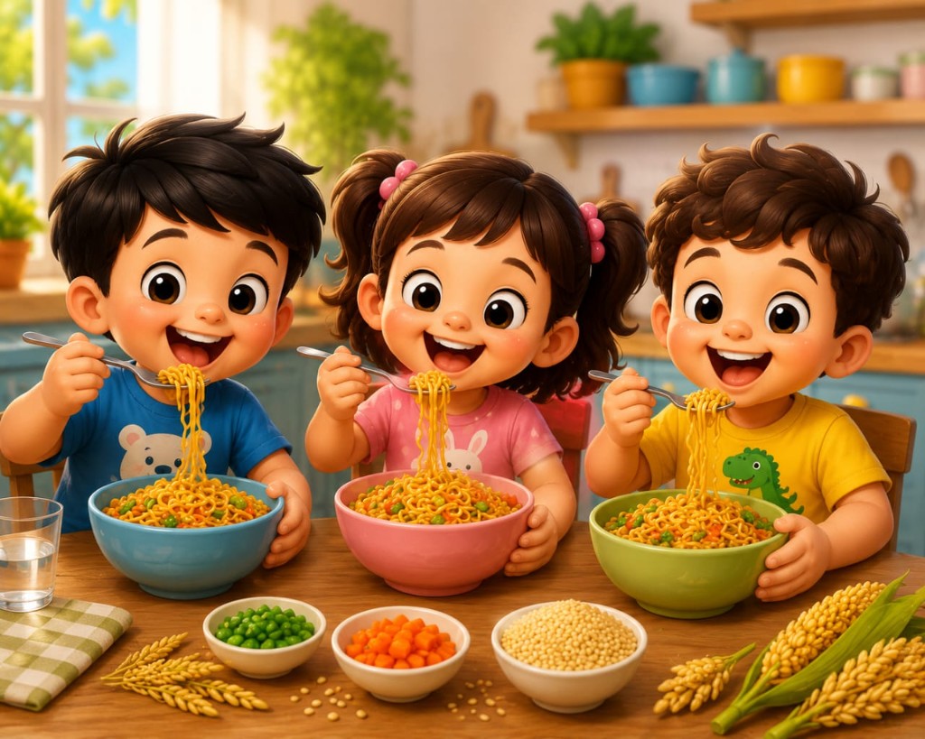 Kids enjoying millet noodles